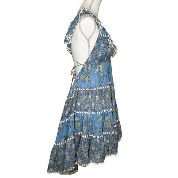 Zimmermann Caravan Tiered Sun Dress Splice Blue Floral Ruffle Pom Pom Trim Mini - Picture 9 of 13